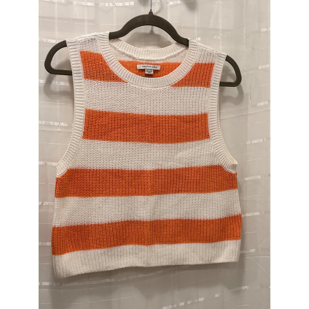 American Eagle Orange White Striped Cotton Knit Sweater Vest XS Crew Neck